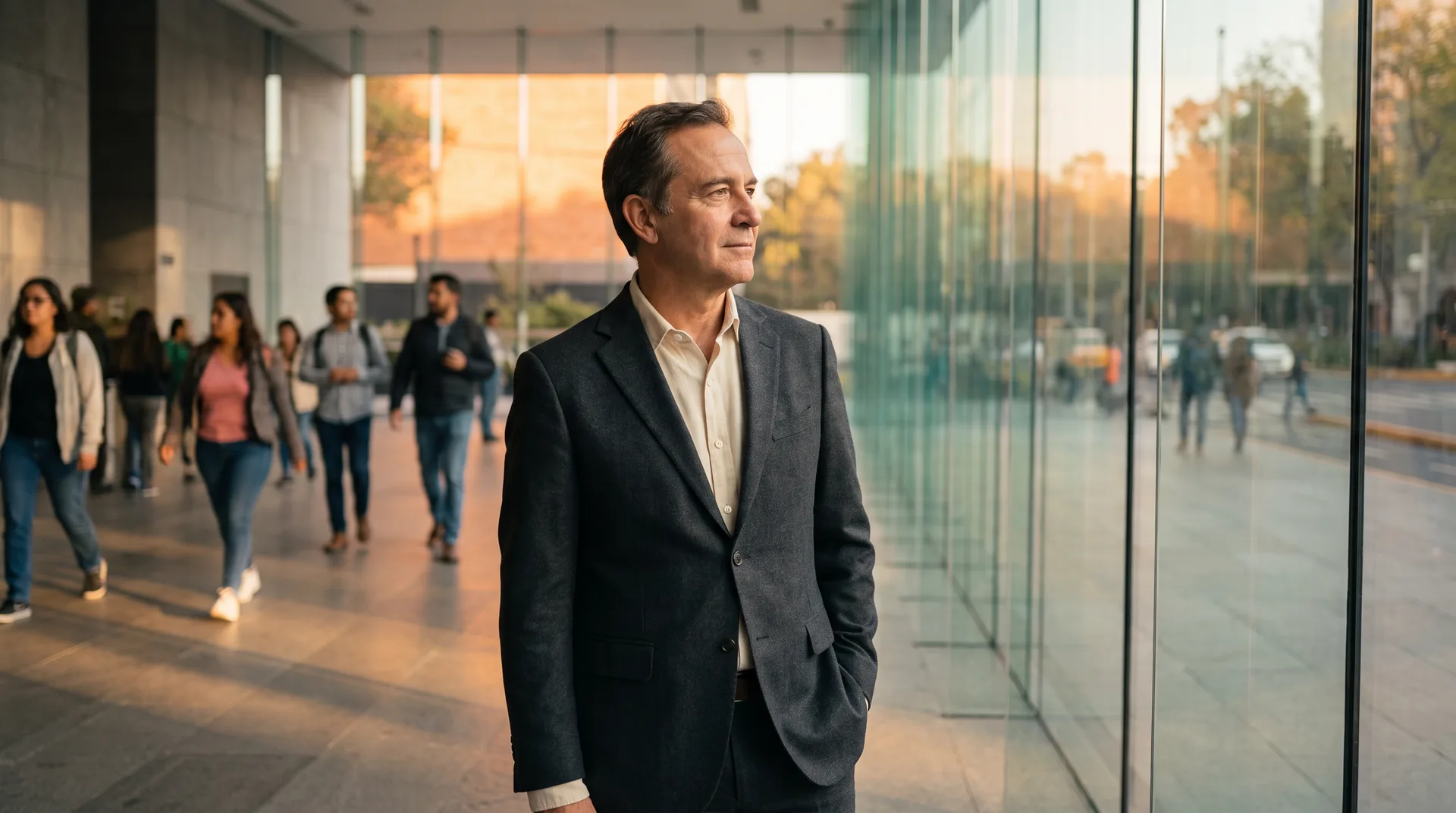 Un director sale de la oficina al atardecer, sin prisa.